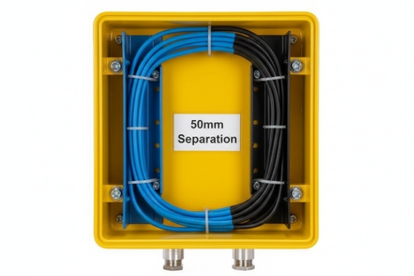 Junction box wiring layout showing 50mm separation between blue and black cable routes