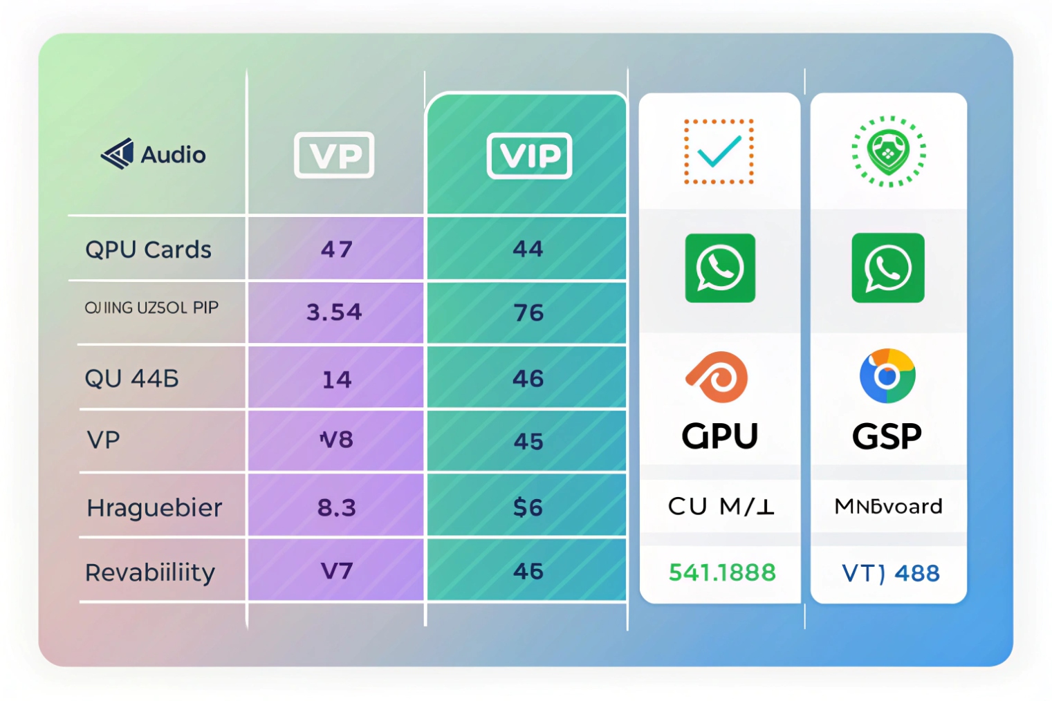 Colorful comparison table of VP and VIP audio service plans with icons