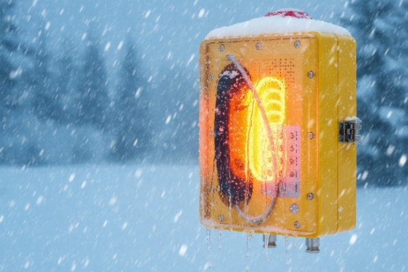 Yellow heated weatherproof SIP emergency phone operating in heavy snowfall conditions