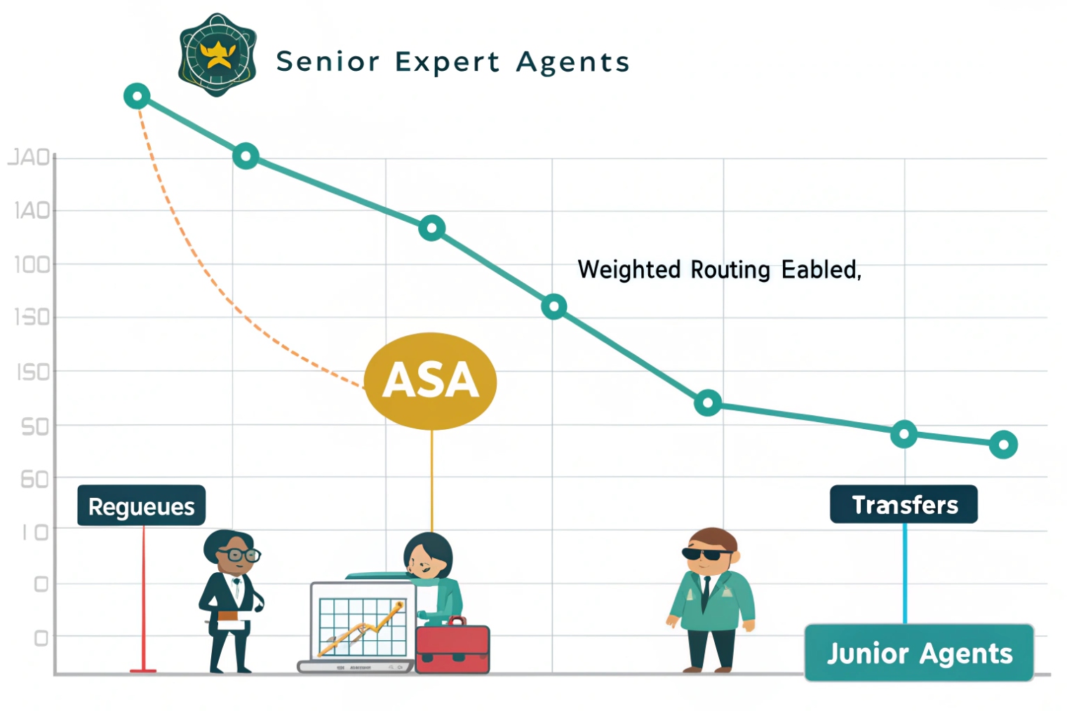 Line graph titled Senior Expert Agents showing ASA improving (declining line) after weighted routing is enabled, with cartoon figures labeled Requeues and Junior Agents and a callout bubble marked ASA