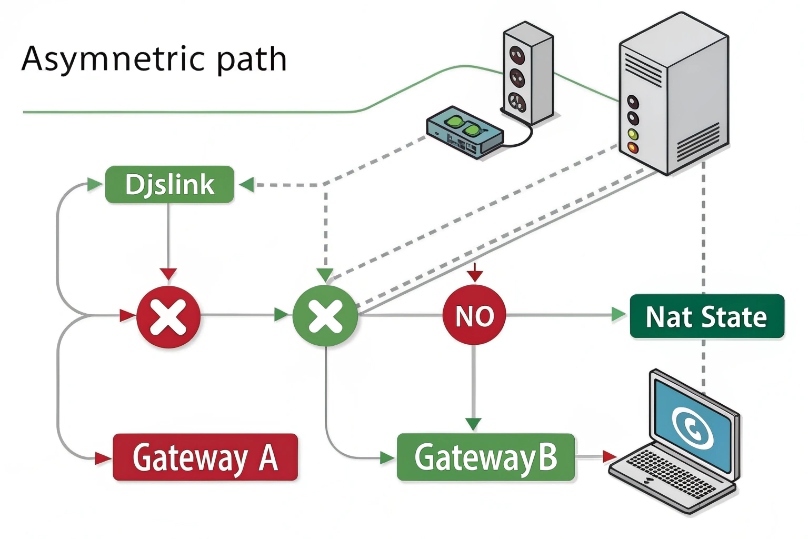 Asymmetric SIP routing path between Djslink server gateway A and gateway B