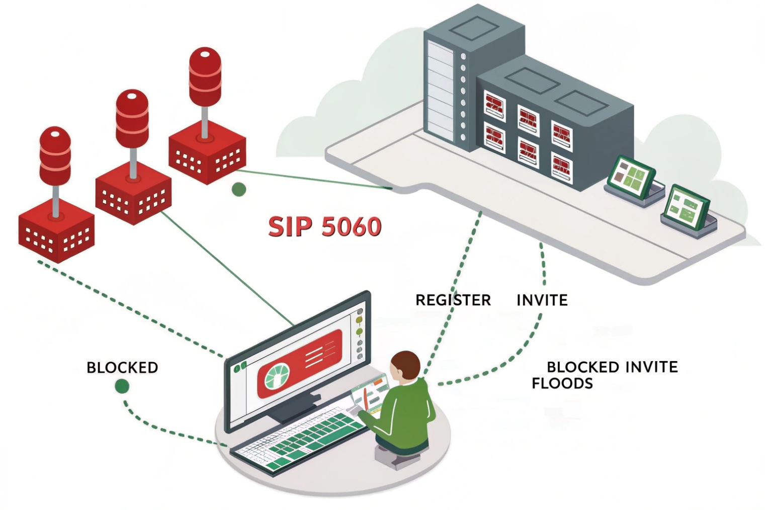 SIP 5060 firewall blocking register and invite floods with administrator monitoring attacks
