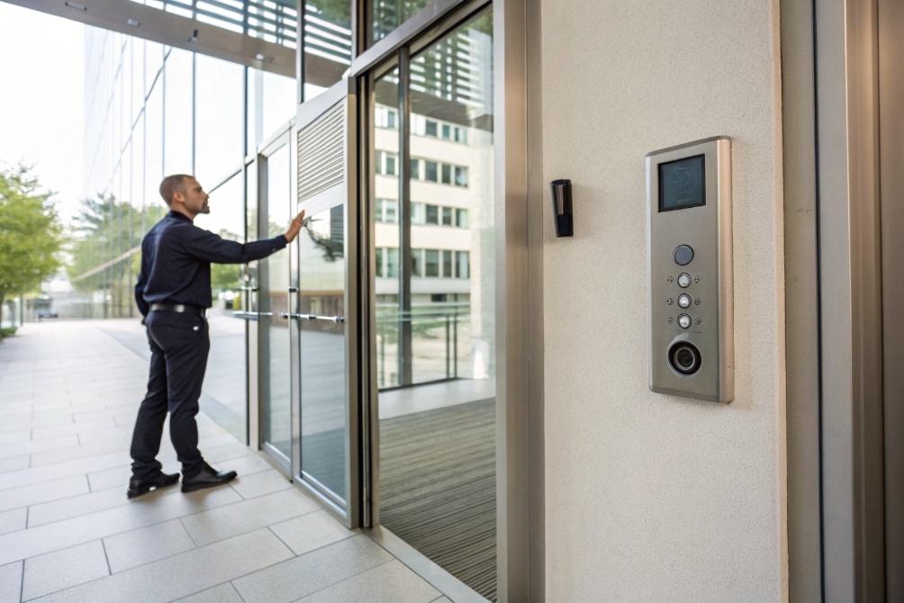 Modern office building entrance with stainless SIP video intercom access control