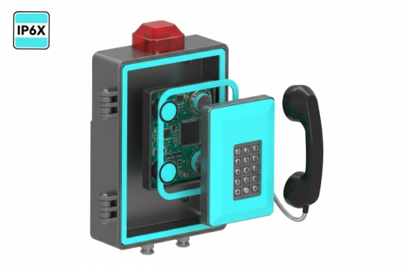 Exploded view of sealed enclosure showing IP6X dustproof gasket protection