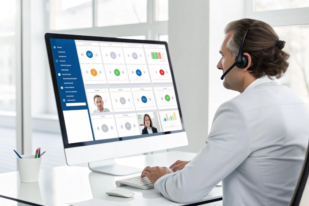 Customer service agent working at desk with business software on screen