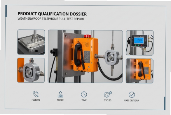 Weatherproof telephone pull-test report layout with fixture, force, time, cycles, and pass criteria