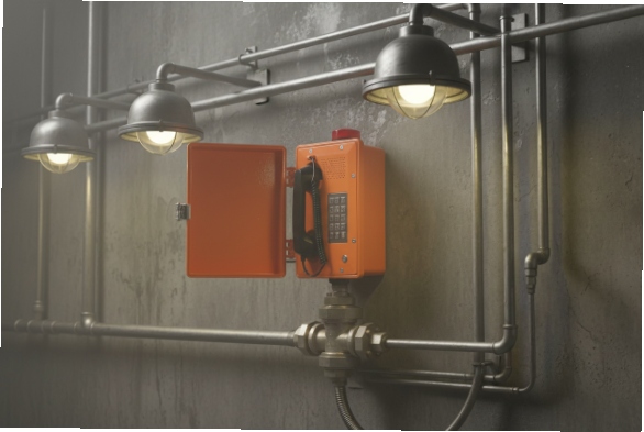 Open orange SIP emergency phone mounted among pipes in wet industrial utility room
