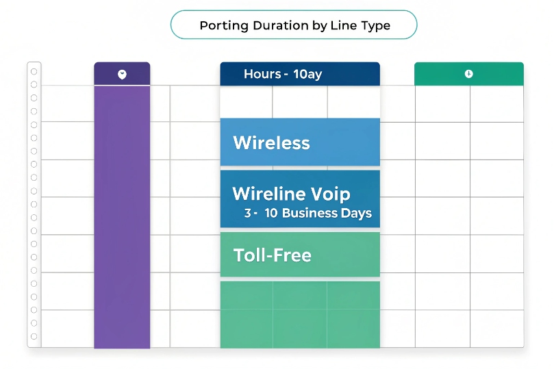 Chart titled “Porting Duration by Line Type” showing typical timelines: Wireless (hours to 1 day), Wireline VoIP (3–10 business days), and Toll-Free with its own duration band