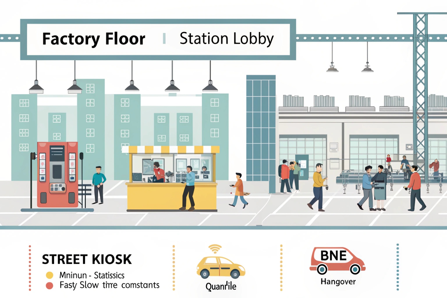 Factory floor station lobby and street kiosk illustrating BNE hangover environments