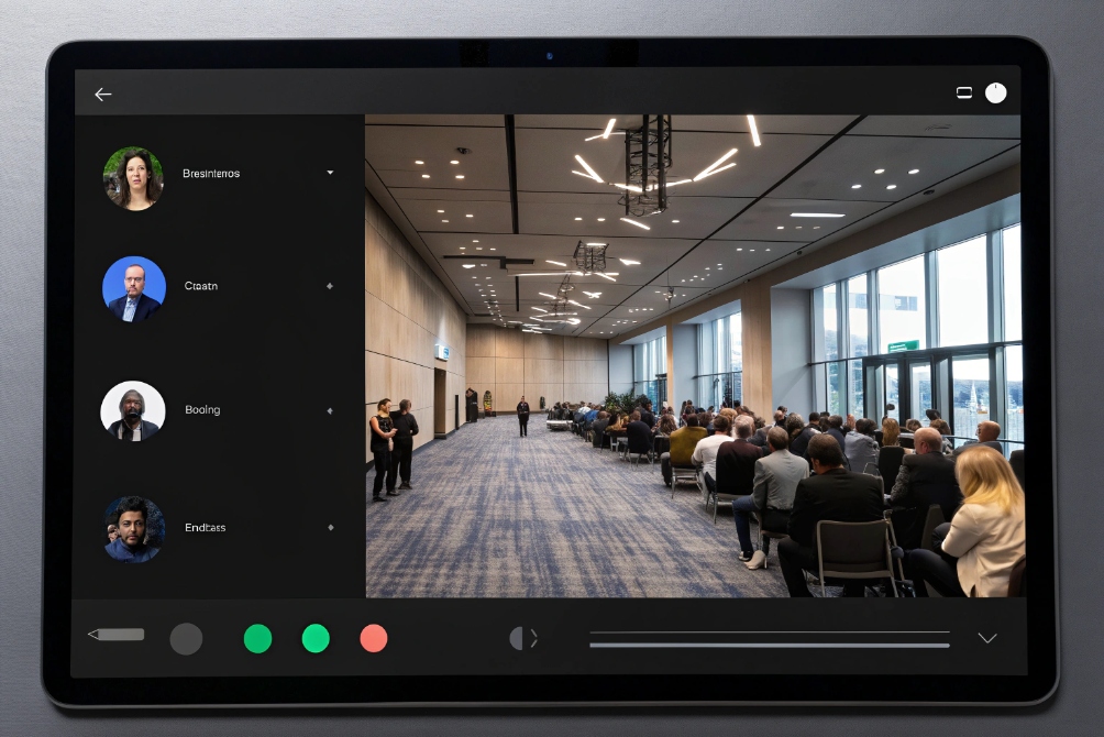 Tablet streaming live conference hall with participants list for remote VoIP video meeting