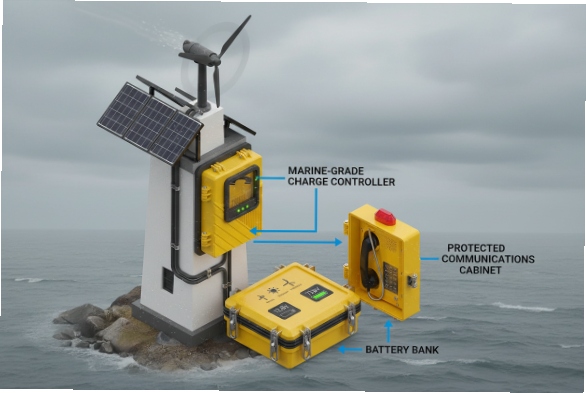 Solar and wind powered marine communications cabinet with battery bank and SIP phone