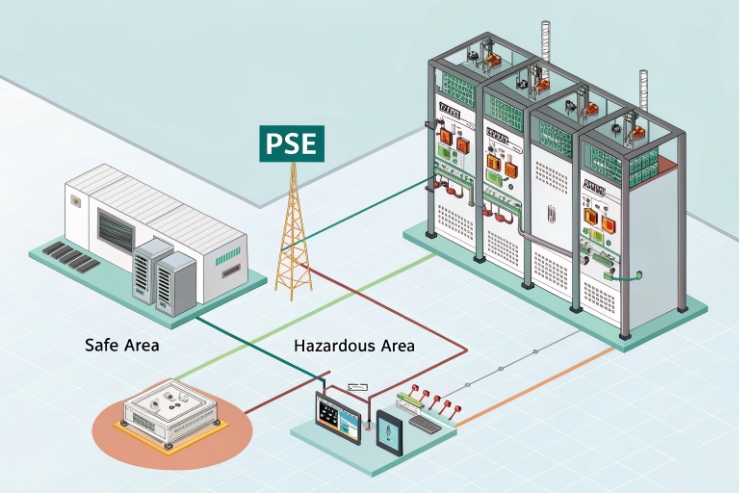 PoE power sourcing equipment diagram linking safe area PSE to hazardous area cabinets