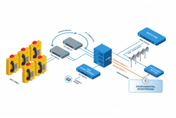 SIP intercom system topology diagram linking IP PBX, access control, sensors, and monitoring
