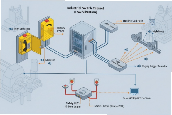 SIP safety call diagram linking high-vibration hotline phone, paging horns, PLC and SCADA