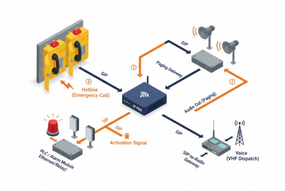 SIP emergency hotline and paging topology with IP PBX, alarm module, radio gateway