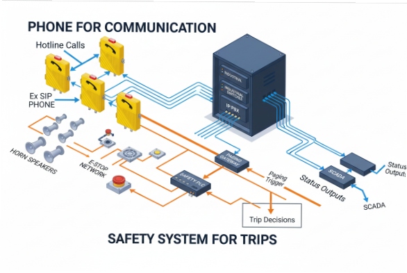 SIP safety communication diagram linking Ex phones, horn speakers, IP PBX, and SCADA trips