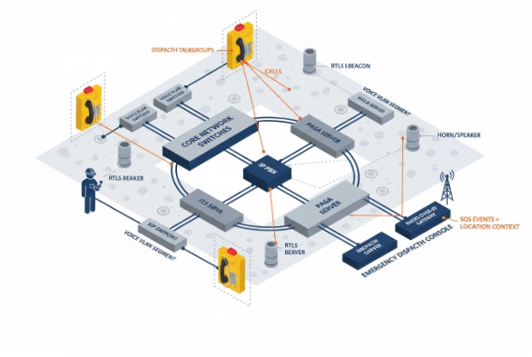 SIP dispatch network diagram with RTLS beacons, IP PBX, gateways and horn speakers