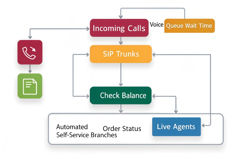 IVR call flow diagram from incoming calls through SIP trunks to live agents