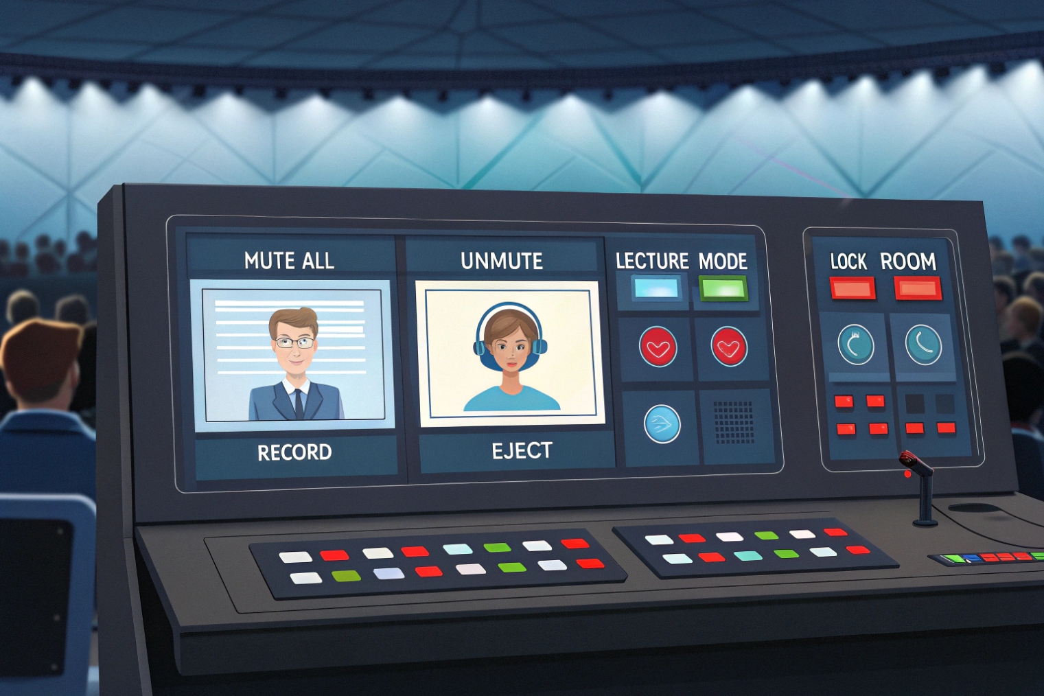 Control console in an auditorium with screens and buttons labeled Mute All, Record, Unmute, Eject, Lecture Mode, and Lock Room, overlooking an audience