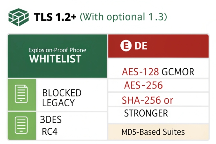 TLS 1.2+ cipher whitelist showing AES-GCM, AES-256, and blocked legacy suites