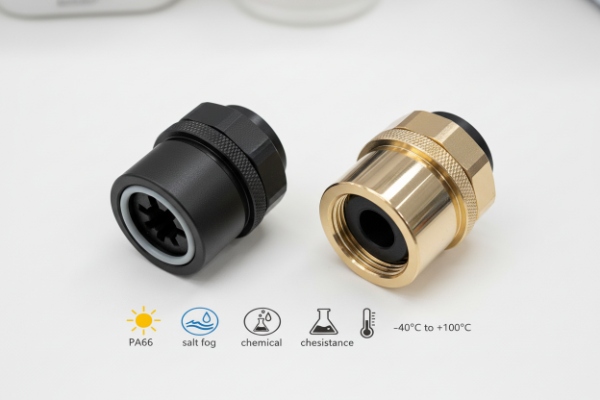Industrial cable glands with PA66 and brass options for salt fog chemical resistance
