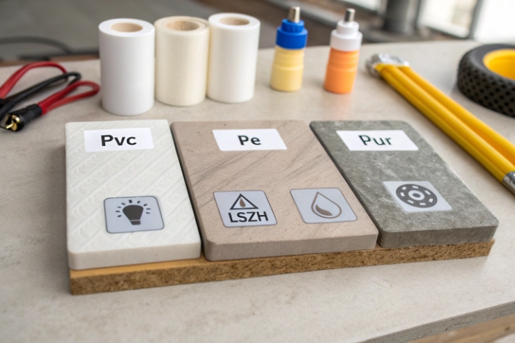 PVC PE PUR cable jacket material samples on workbench with connectors and tools