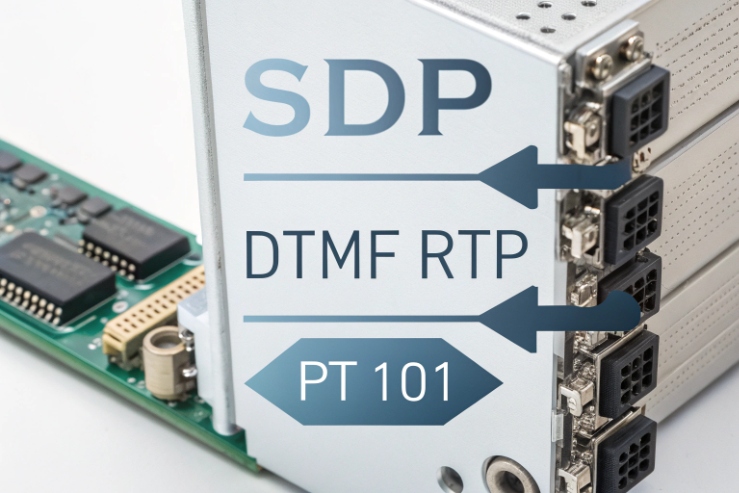 VoIP gateway board close-up highlighting SDP, RTP, and DTMF payload type 101.