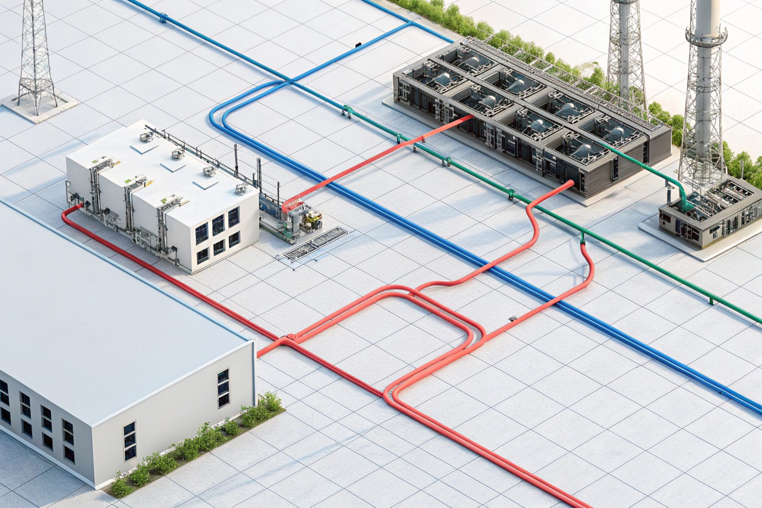 Industrial plant utility layout with pipelines linking equipment rooms and cooling units