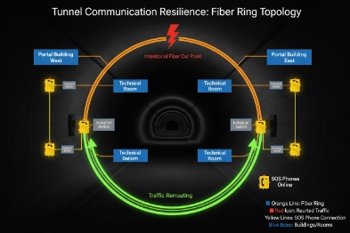 Fiber ring topology diagram for resilient tunnel communications with SOS phones and rerouting