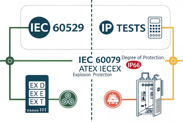 Diagram links IEC 60529 IP tests with IEC 60079 ATEX IECEx explosion protection.