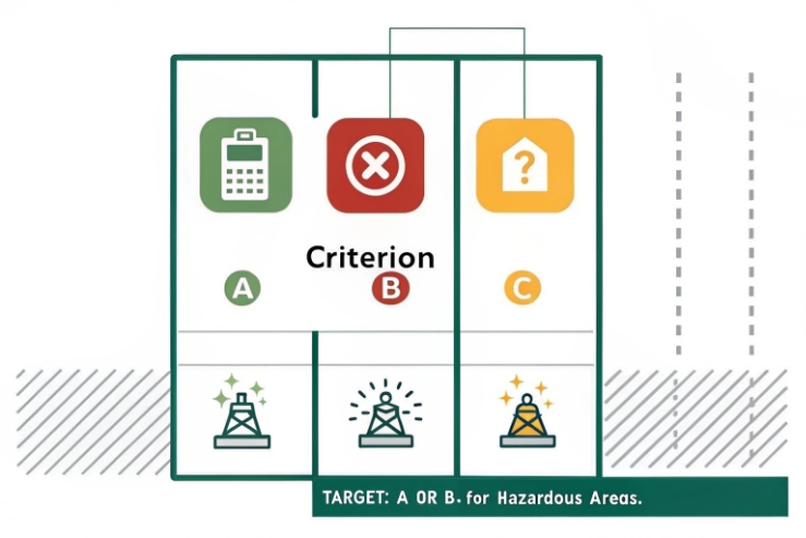 Hazardous area criteria diagram comparing A, B, and C compliance targets.