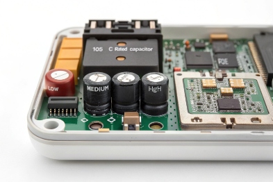 VoIP SIP mainboard close-up showing PoE module, capacitors, and interface components