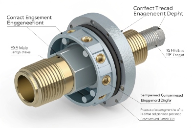 3D exploded technical rendering of a metal bulkhead fitting/cable gland showing parts alignment and notes like correct thread engagement/depth