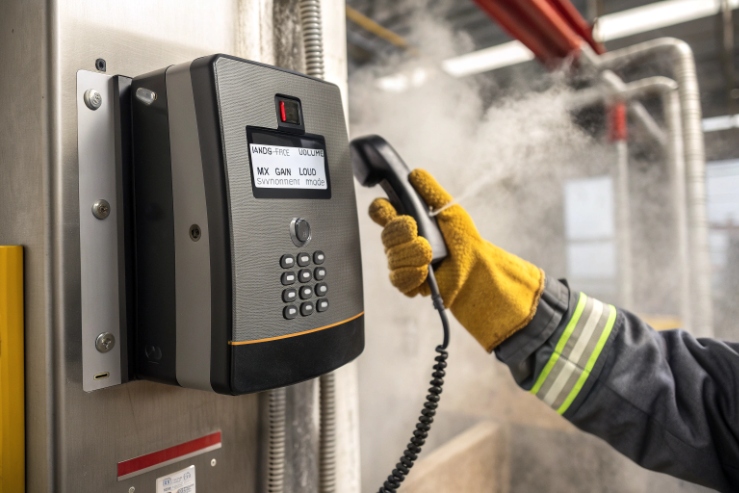 Gloved worker using rugged wall-mounted industrial phone near steam for emergency communication
