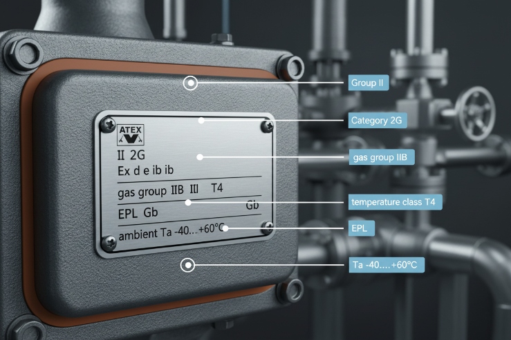 Close-up ATEX nameplate showing II 2G, gas group IIB, temperature class T4