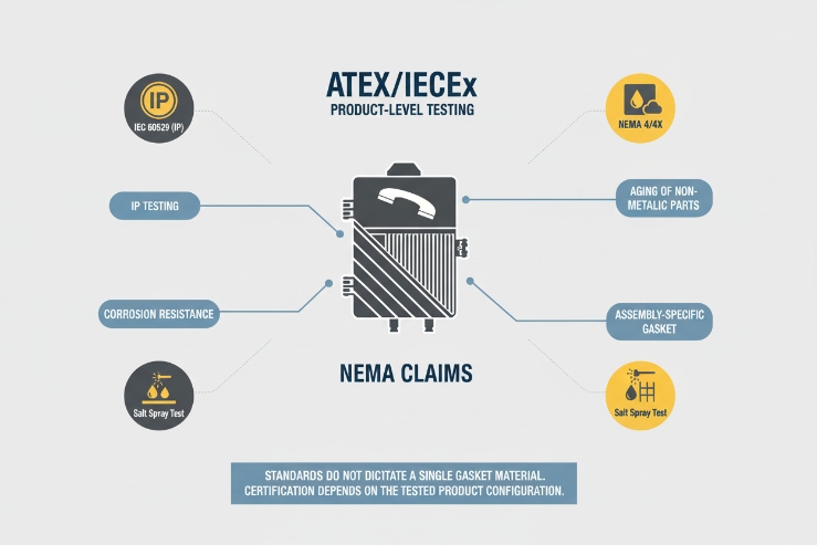 ATEX IECEx product testing infographic showing IP rating, corrosion resistance, gasket, and NEMA claims