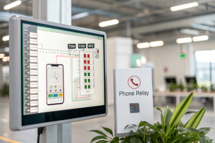 Phone relay module with touchscreen interface for SIP call-triggered door or alarm control.