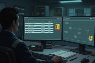 Security control room operator monitoring SIP emergency phone status on dual dashboards