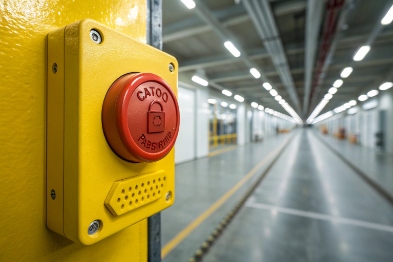 Yellow emergency call button box installed in corridor for quick SOS activation