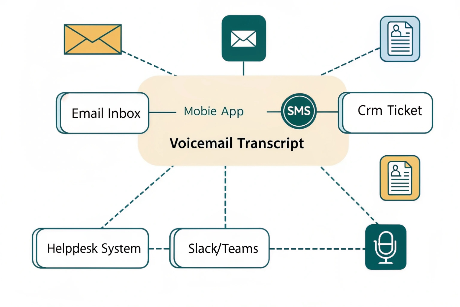 Hub-and-spoke diagram with ‘Voicemail Transcript’ in the center connected to email inbox, mobile app, SMS, CRM ticket system, helpdesk, Slack or Teams, and voice recordings