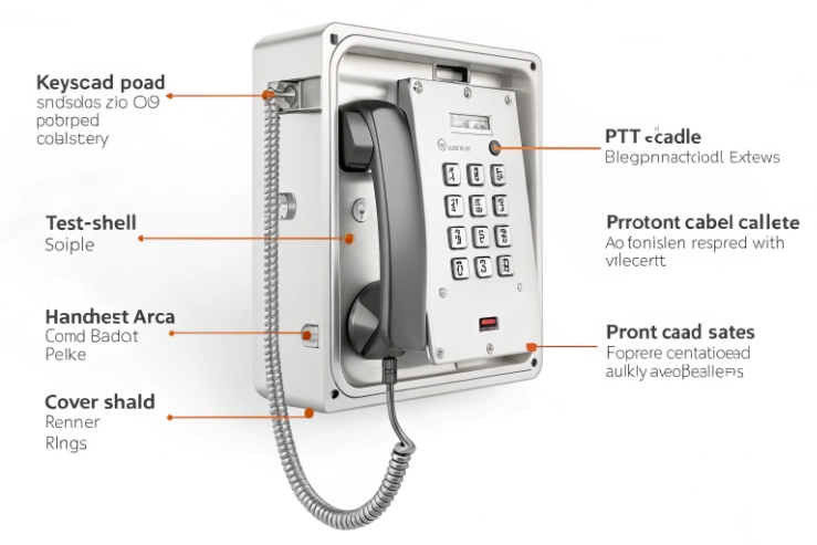 Stainless steel industrial SIP phone with keypad and handset, labeled components and mounting points.