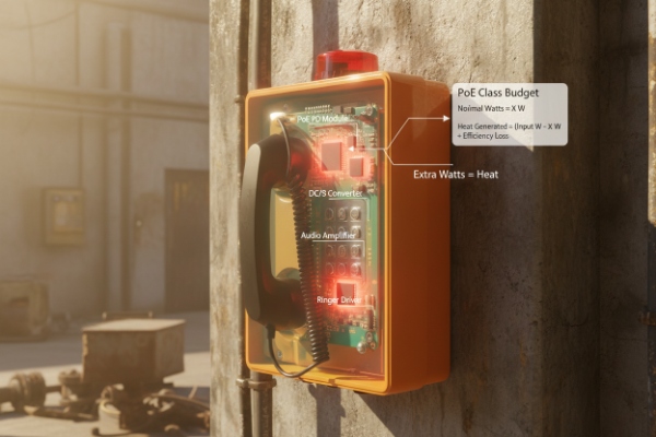 Wall-mounted SIP phone diagram showing PoE power budget and internal heat sources