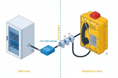 PoE wiring diagram connecting safe area switch through barrier to hazardous area EX phone