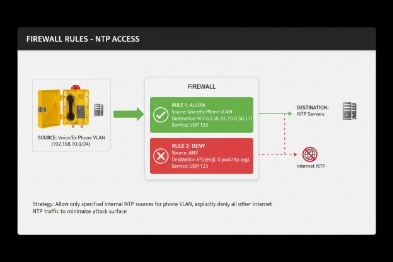 Firewall rules controlling NTP access for VoIP phone VLAN to approved time servers