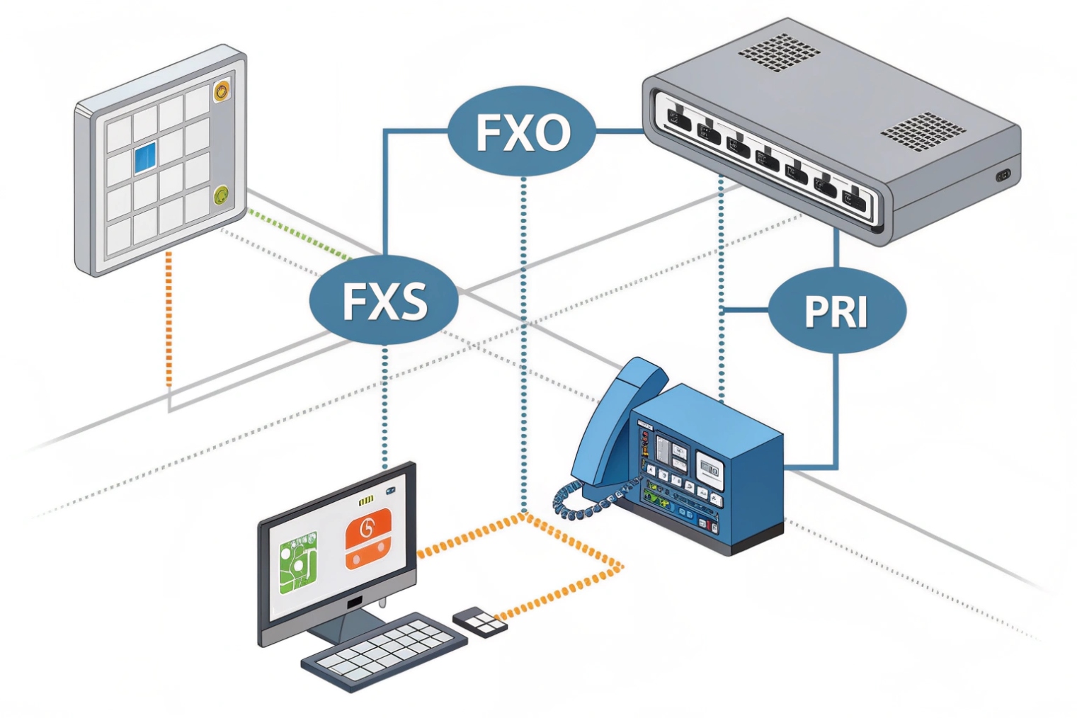 FXS, FXO and PRI interfaces linking keypads, VoIP gateways and analog phones