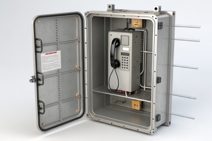 Weatherproof enclosure with industrial SIP telephone inside, door open for maintenance and wiring