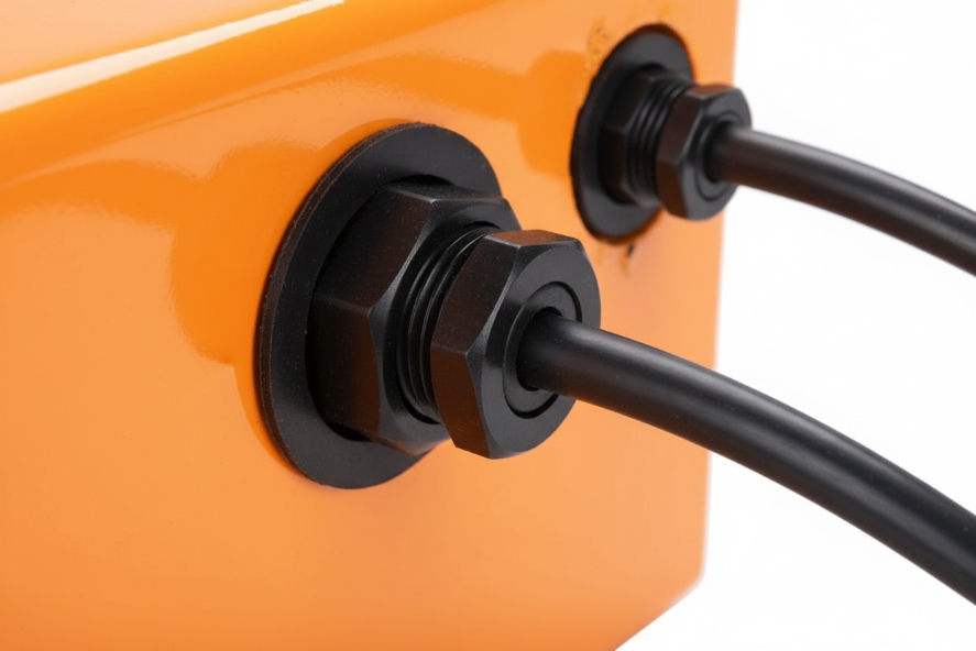 Dual sealed cable glands on orange waterproof SIP phone for power and network cables