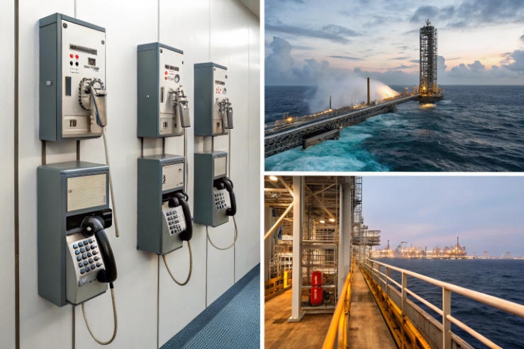 Collage of industrial wall phones and offshore platforms for emergency communications.