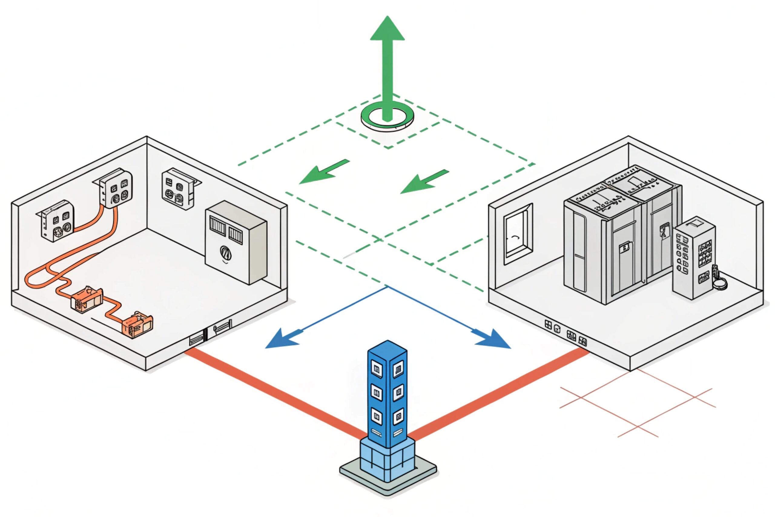 Isometric network diagram linking two rooms (field side and equipment/server room) through a central node, with directional arrows indicating signal/data flow