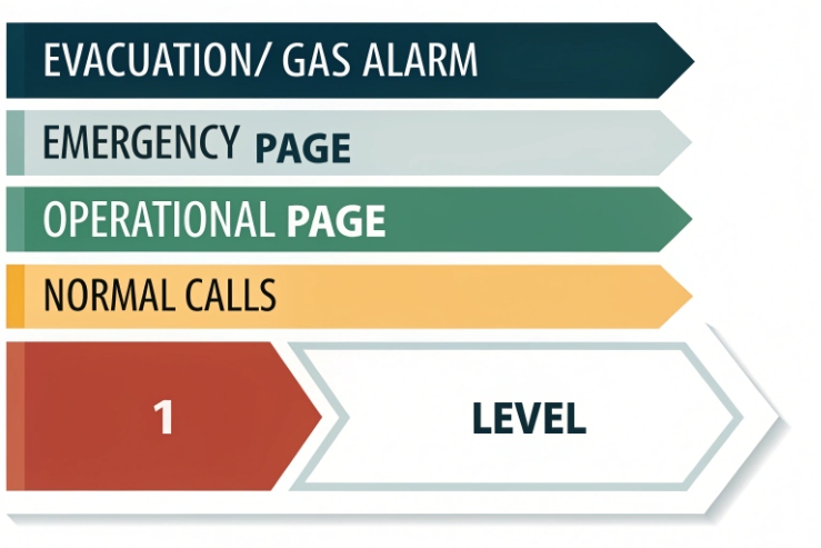 Priority level chart for evacuation gas alarm, emergency page, operational page, and normal calls.